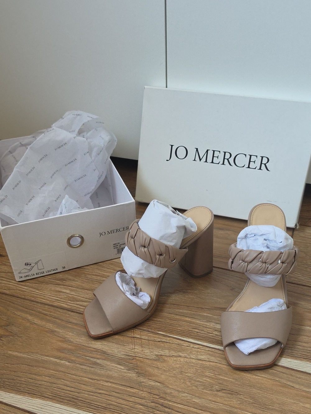 Jo Mercer Leather AMELIA Tan Braided Strap Block Heel Mules Sandals 39 Size